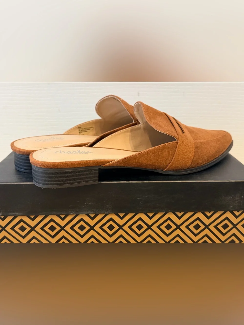 Charles, by Charles & David. Enya Suede Penny Loafer Mule in Cognac Brown. 10M